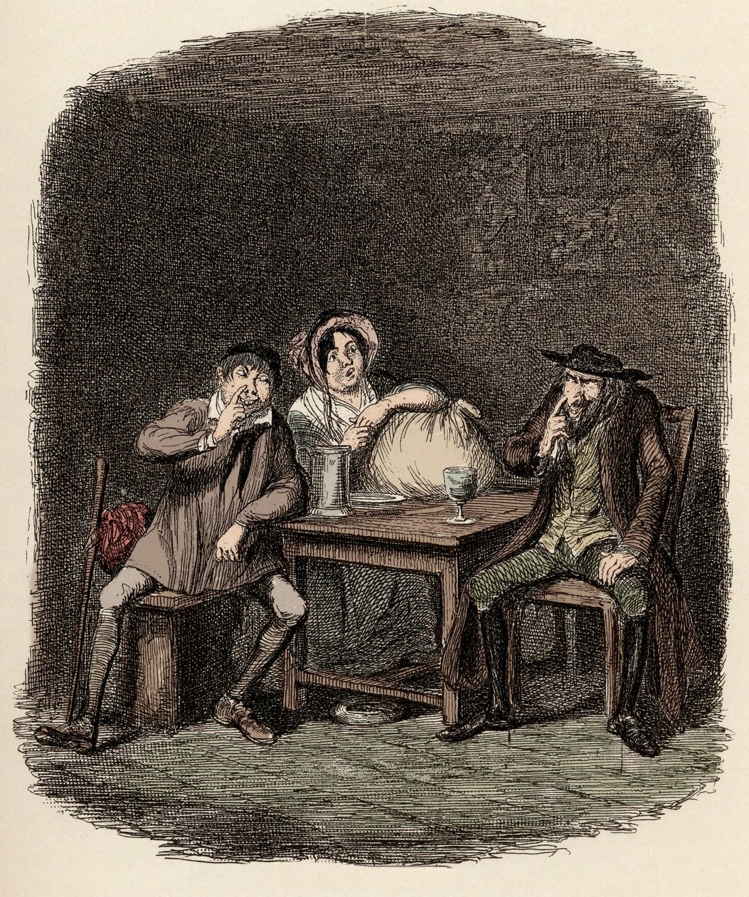 Fagin haciendo negocios con Morris Bolter, alias Noe Claypole, y Charlotte - El judío y Morris Bolter comienzan a entenderse - Ilustración para "Oliver Twist" (Las aventuras de Oliver Twist) de Charles Dickens (1812-1870), por George de George Cruikshank