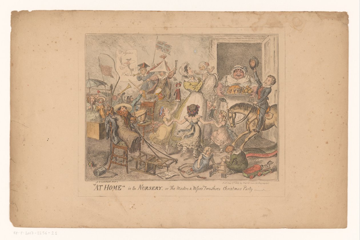 Fiesta en la guardería En casa en la Guardería, o en la fiesta de Navidad de los maestros y las señoritas twoshoes (título sobre el objeto) de George Cruikshank