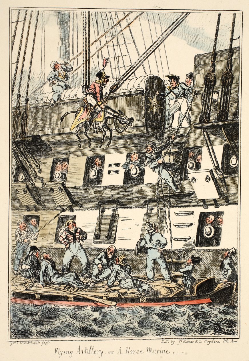 Artillería Voladora o Un Marino a Caballo, de Greenwich Hospital, una Serie de Bocetos Navales, Descriptivos de la Vida de un Hombre de Guerra, pub. 1826 de George Cruikshank