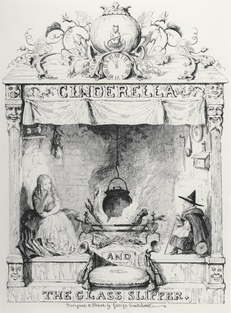 Frontispicio de Cenicienta y el zapato de cristal por Charles Perrault de George Cruikshank