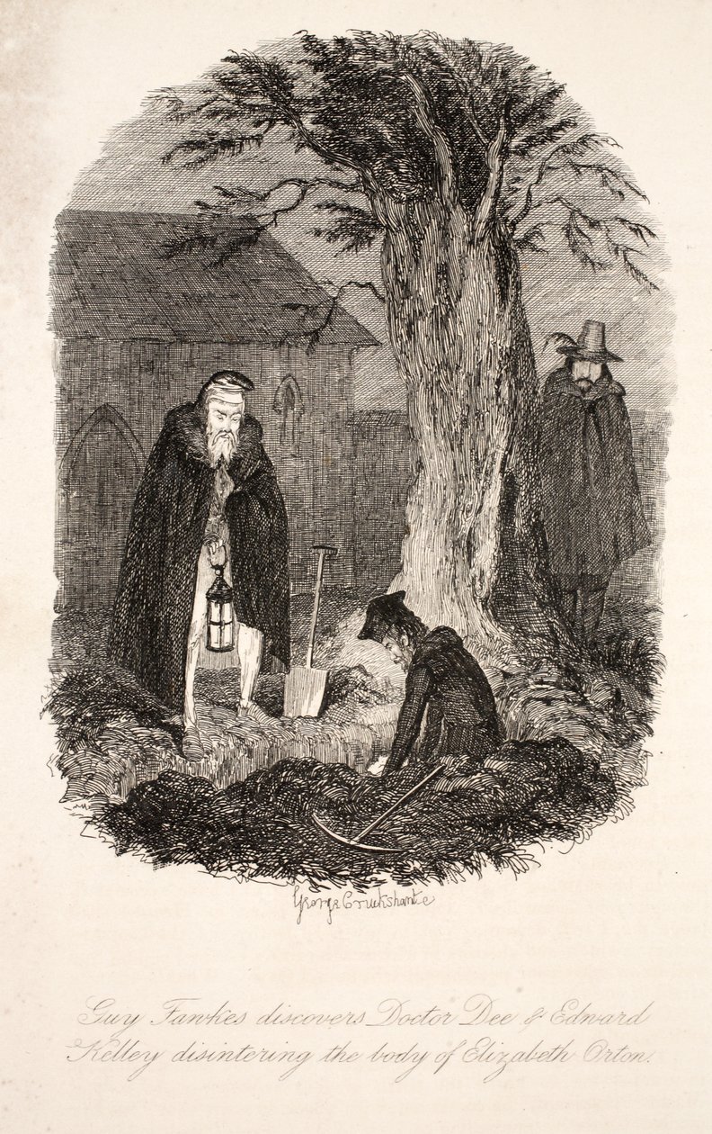 Guy Fawkes descubre al Doctor Dee y Edward Kelley desenterrando el cuerpo de Elizabeth Orton, ilustración de Guy Fawkes, o la Traición de la Pólvora: una Novela Histórica, por William Harrison Ainsworth de George Cruikshank