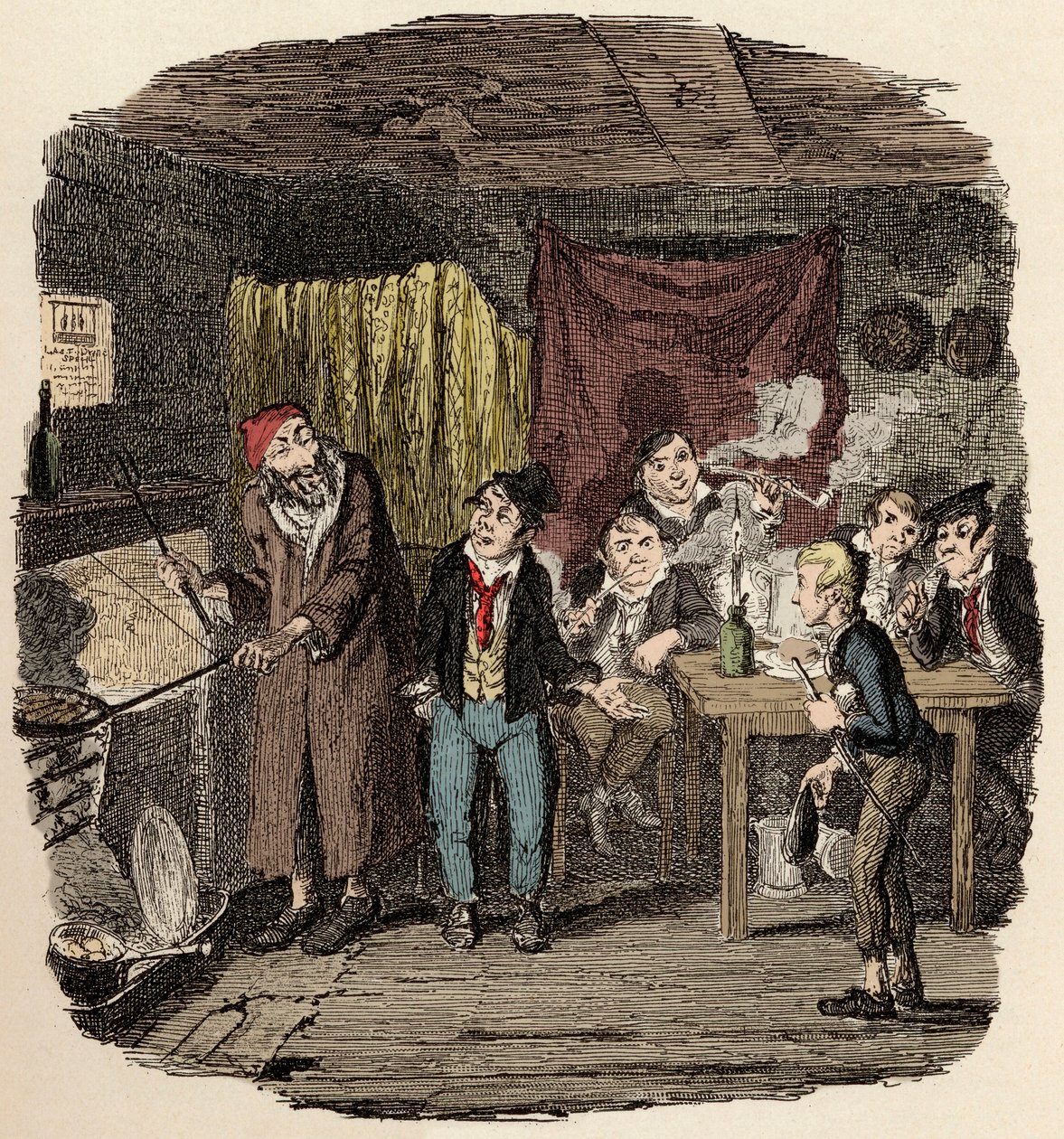 Jack Dawkins presenta a Oliver a Fagin y su equipo - Ilustración para "Oliver Twist" de Charles Dickens de George Cruikshank