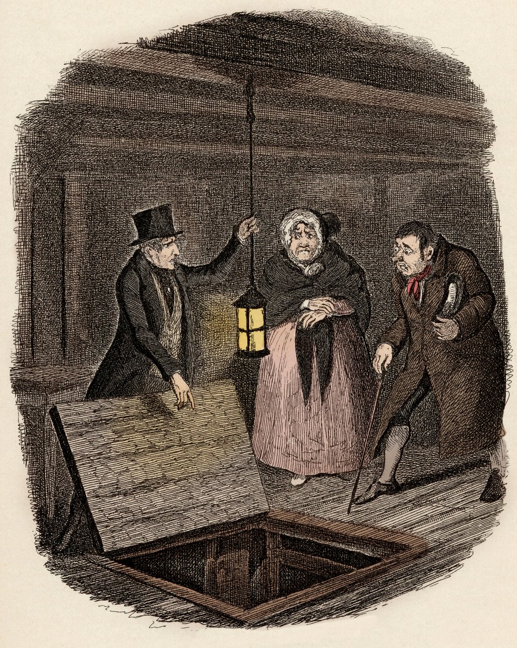 En presencia de Monsieur Bumble y Madame Corney, Monks desaparece el medallón de Oliver Twist - La evidencia destruida - Ilustración para “Oliver Twist” (Las aventuras de Oliver Twist) de Charles Dickens, por George Cruikshank. de George Cruikshank