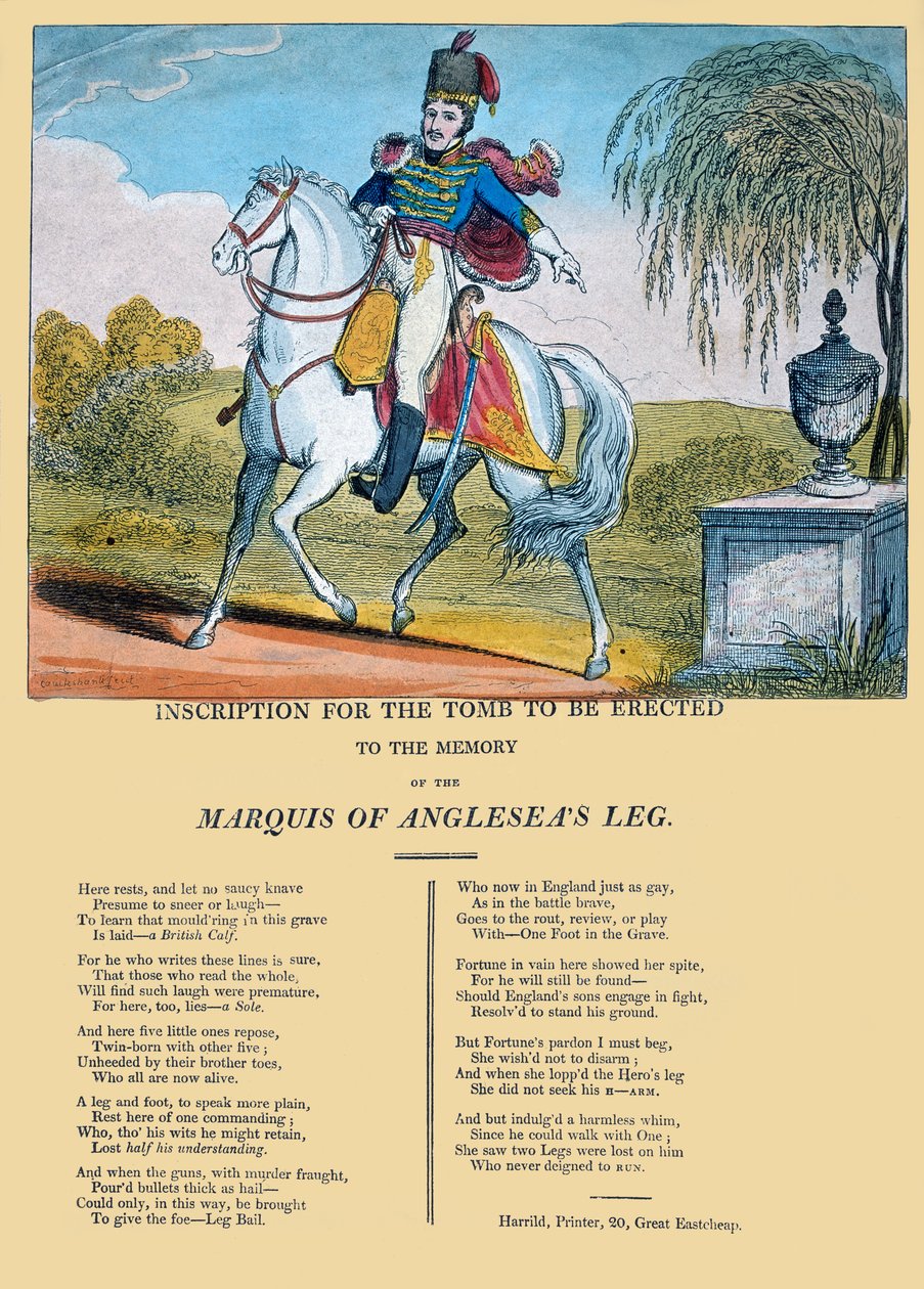 Inscripción para la tumba en memoria de la pierna del Marqués de Anglesea, publicada por R. Harrild, c.1815 de George Cruikshank