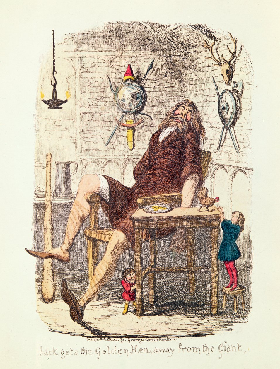 Jack se lleva la gallina de oro del gigante de George Cruikshank