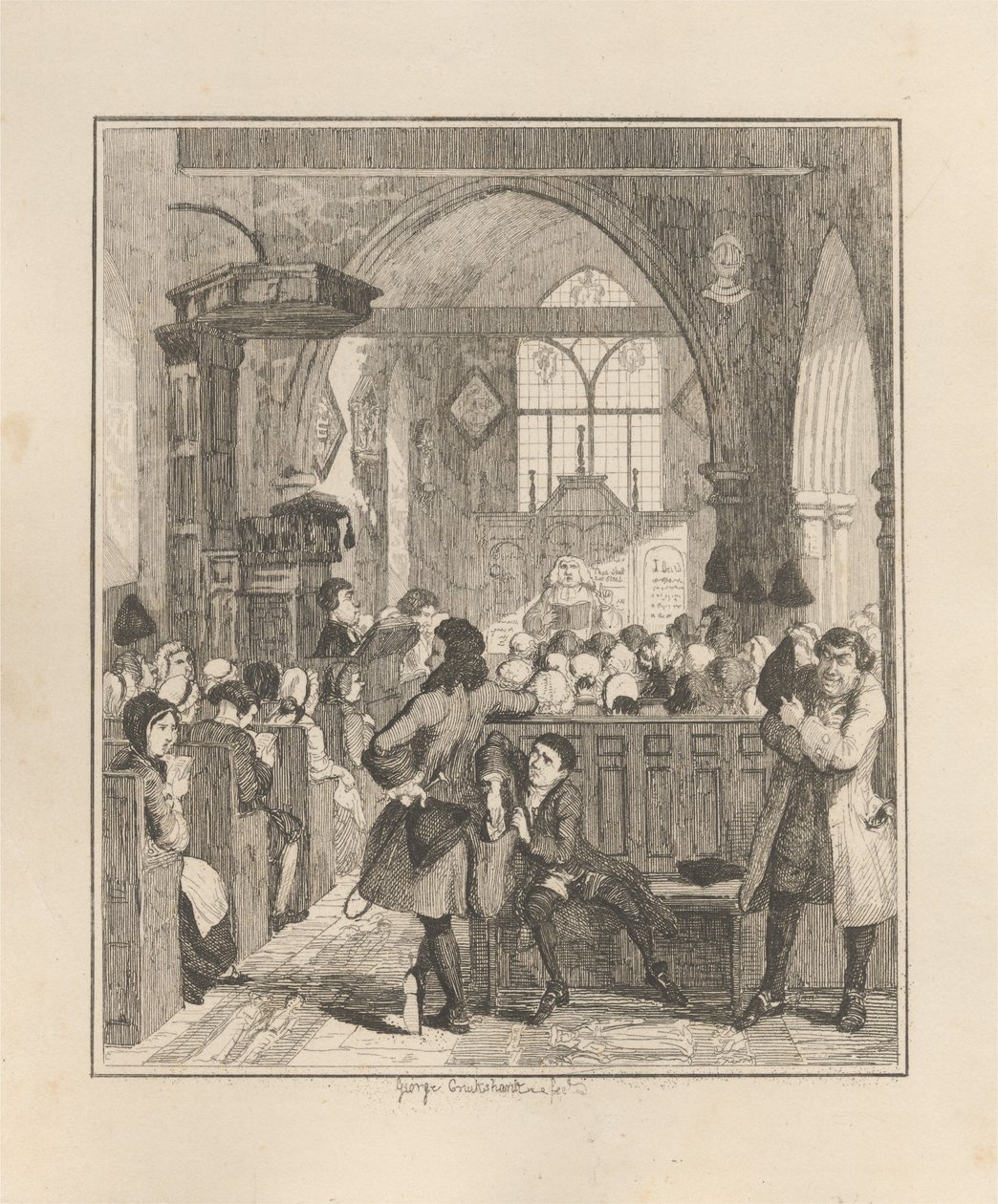 Jack Sheppard cometiendo el robo en la iglesia de Willesden de George Cruikshank