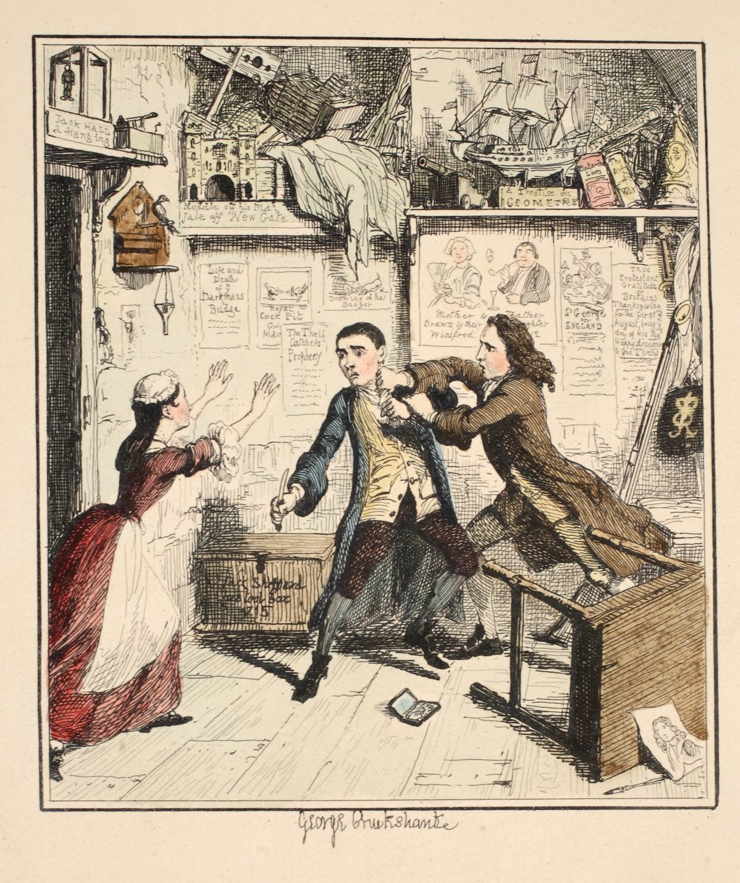 Jack Sheppard muestra un Carácter Vindicativo, ilustración de Jack Sheppard: Una Novela de William Harrison Ainsworth, publicada en 1839 de George Cruikshank