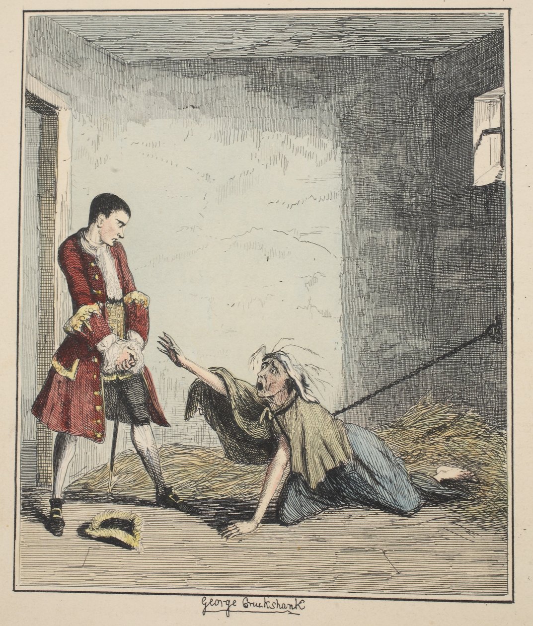 Jack Sheppard visita a su madre en Bedlam, ilustración de Jack Sheppard: Una Novela de William Harrison Ainsworth, publicada 1839 de George Cruikshank