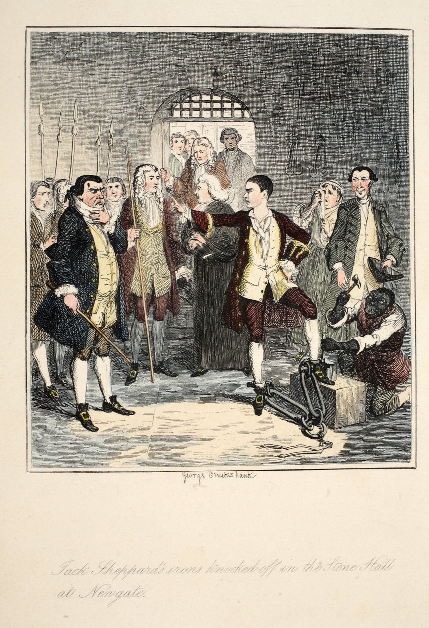 Los grilletes de Jack Sheppard son quitados en el Salón de Piedra en Newgate, ilustración de Jack Sheppard: Una Novela de William Harrison Ainsworth, publicada en 1839 de George Cruikshank