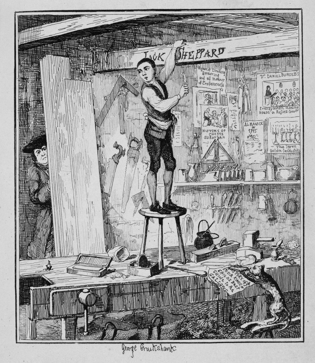 Jack graba su nombre en una viga en la tienda de su antiguo empleador, ilustración de 