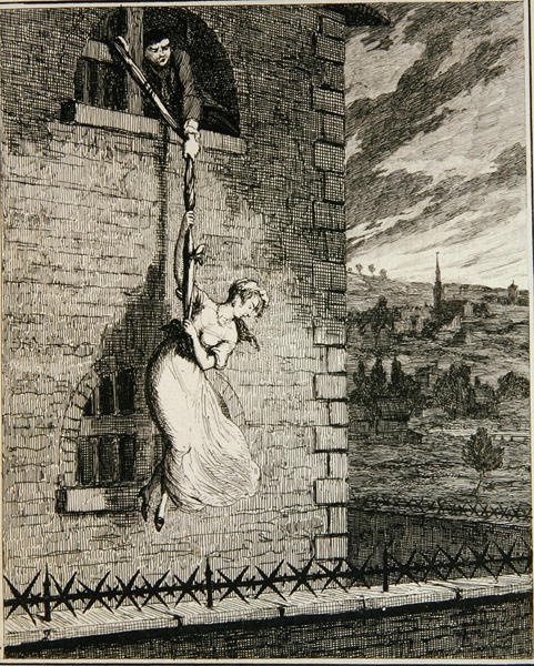 Jack escapando de Newgate Ward con su esposa Elizabeth Lyon, ilustración de 