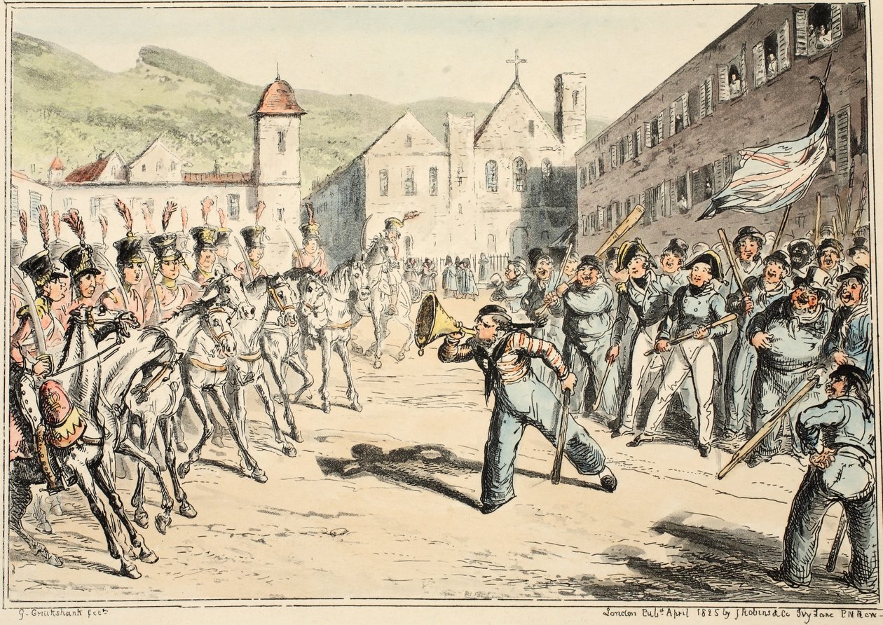 La trompeta de desafío de Jack, de Greenwich Hospital, una serie de bocetos navales, descriptivos de la vida de un hombre de guerra, pub. 1826 (grabado coloreado a mano) de George Cruikshank