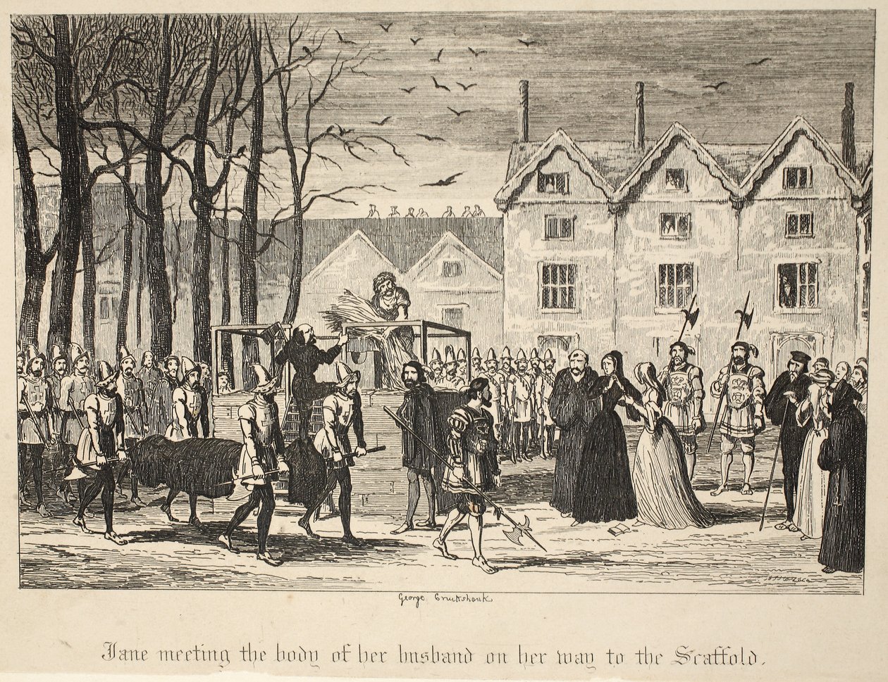 Jane encontrando el cuerpo de su esposo camino al cadalso, de La Torre de Londres, pub. 1840 de George Cruikshank