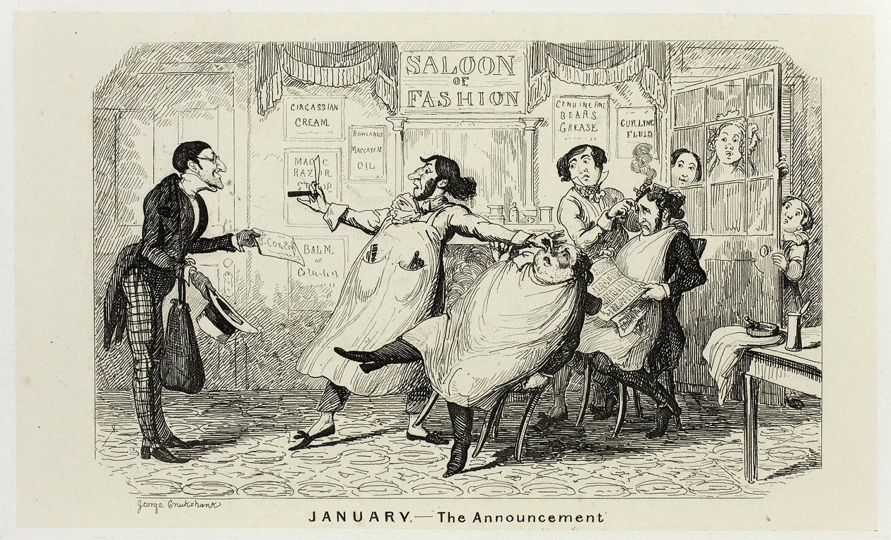 Enero - El anuncio de los grabados en acero de George Cruikshank a The Comic Almanacks: 1835-1853 de George Cruikshank
