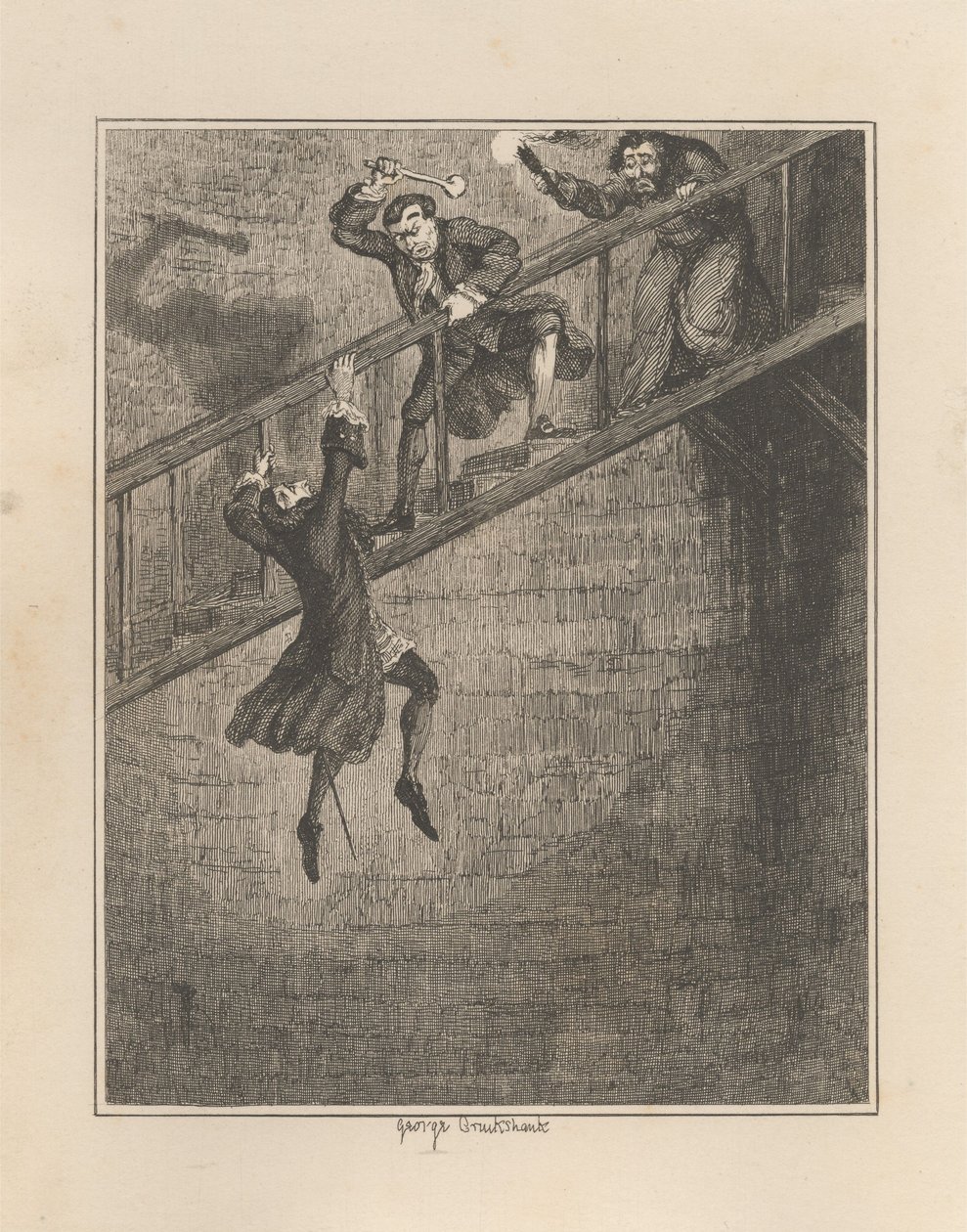Jonathan Wild arrojando a Sir Rowland Trenchard al pozo de George Cruikshank