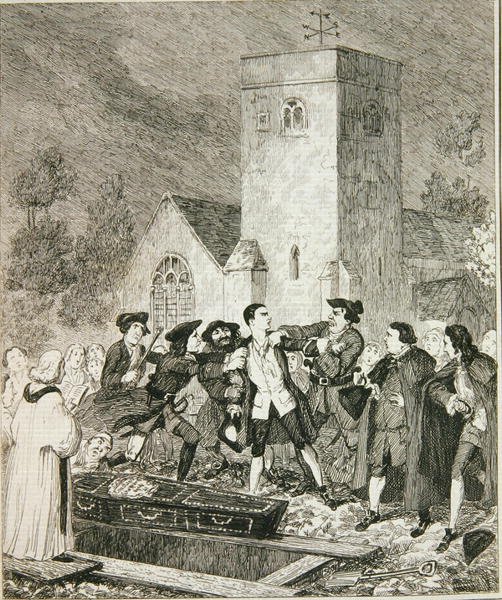 Jonathan Wild capturando a Jack en el funeral de su madre en el cementerio de Willesden, ilustración de 