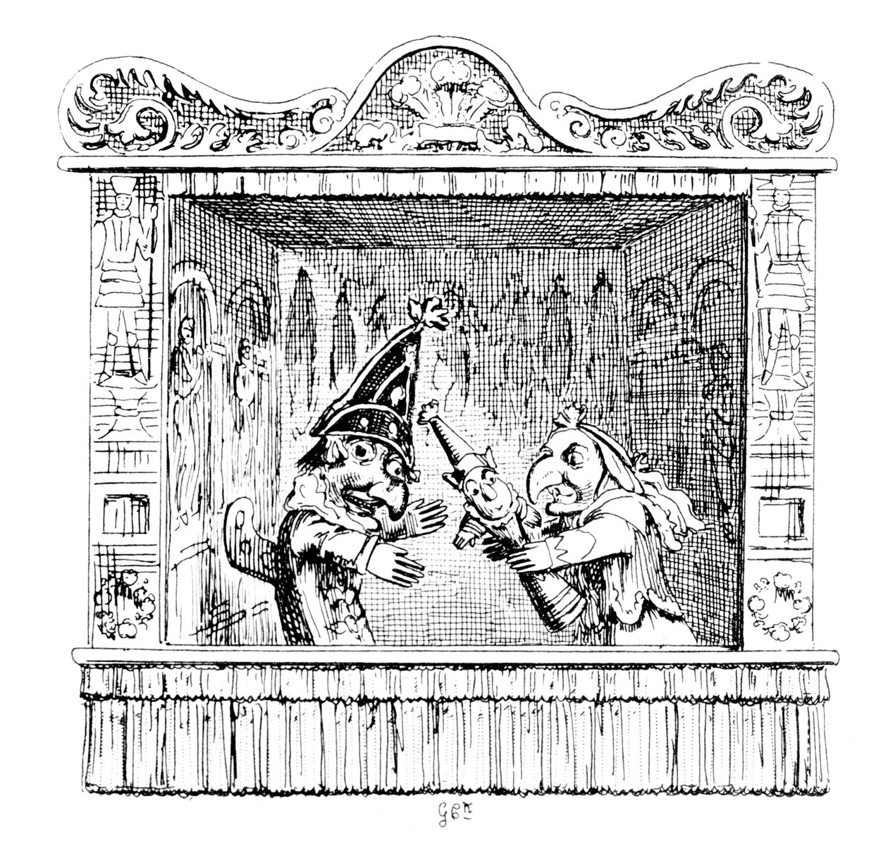 Judy insta al Sr. Punch a llevarse al niño de George Cruikshank
