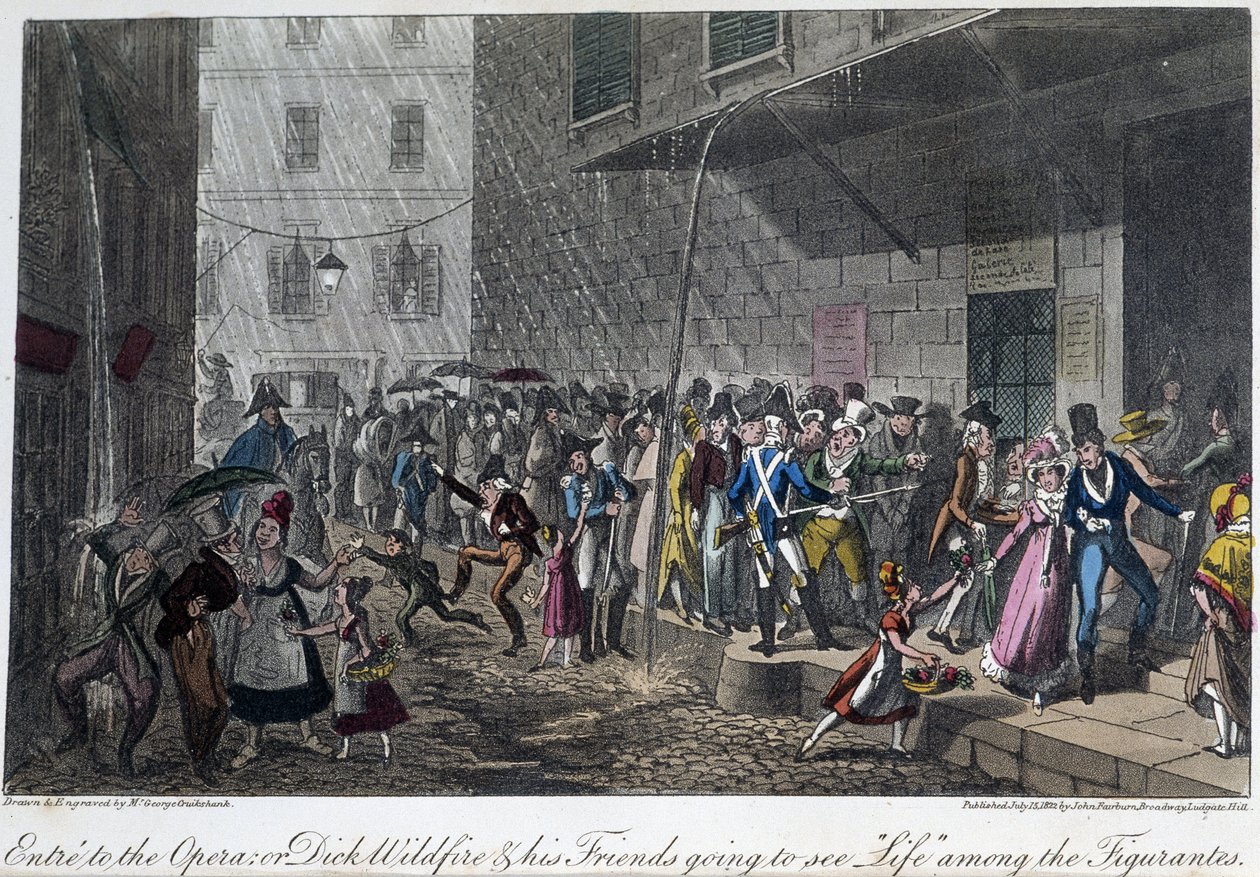 La entrada de la Ópera en París - en “Life in Paris” por David Carey, ill. por Georges Cruikshank, ed. Faiburn, Londres de George Cruikshank