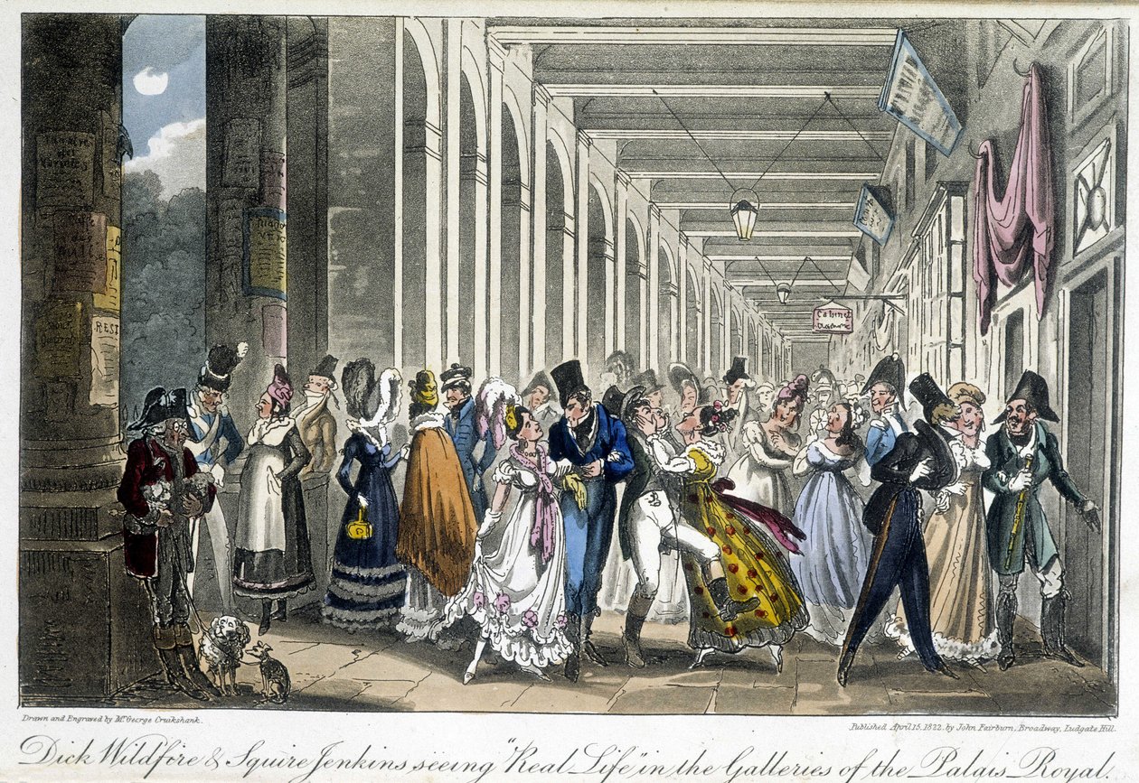 Las galerías del Palais Royal - en “Life in Paris” por David Carey, Londres de George Cruikshank