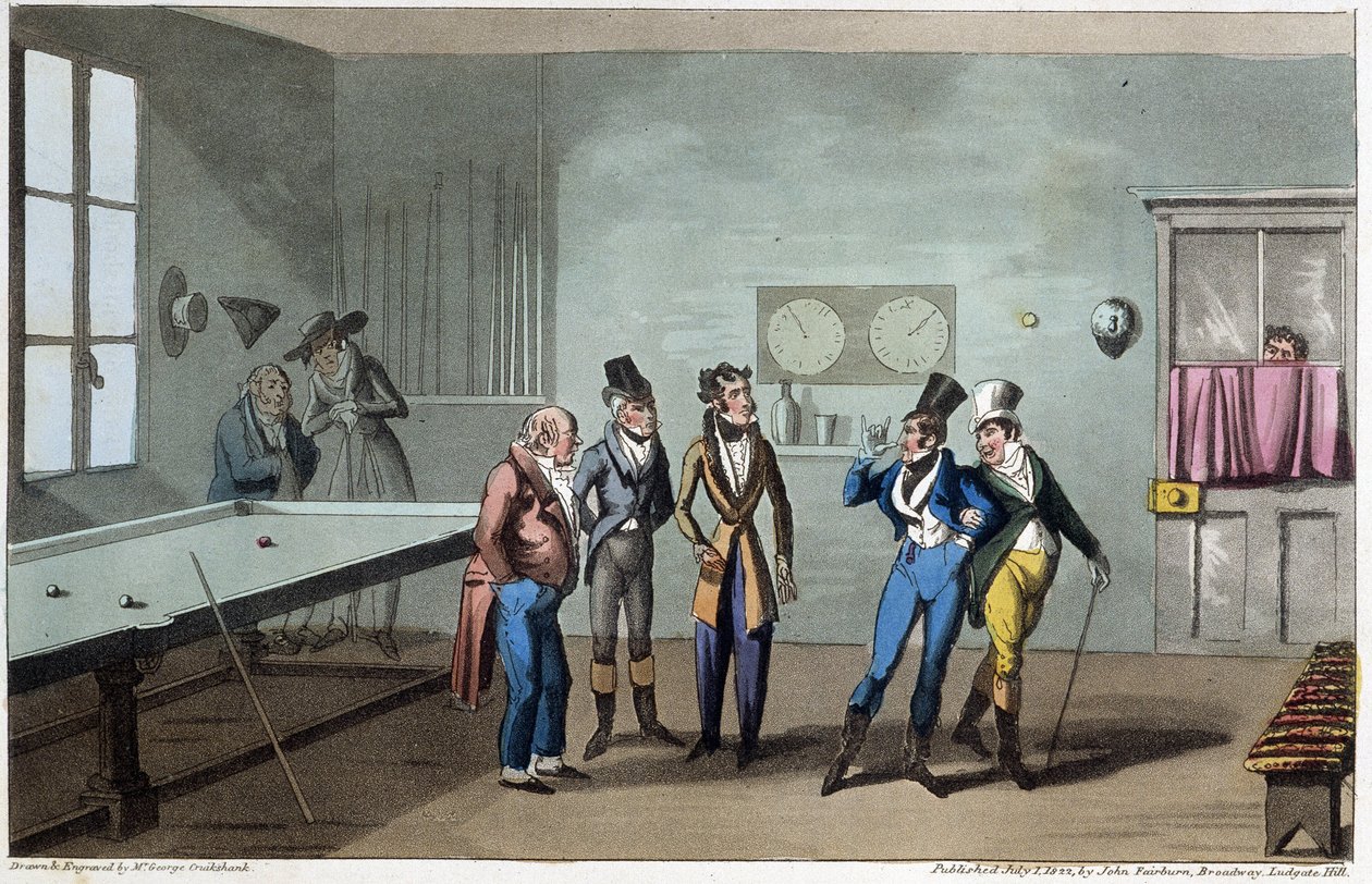 Los hombres en la sala de billar - en "Life in Paris" por David Carey, ill. por G. Cruikshank, Londres de George Cruikshank