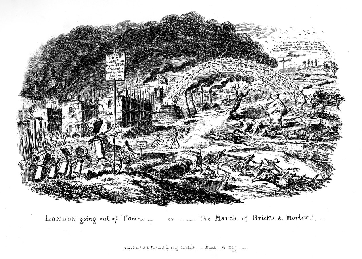 Londres saliendo de la ciudad - o La marcha de ladrillos y mortero, 1829 de George Cruikshank