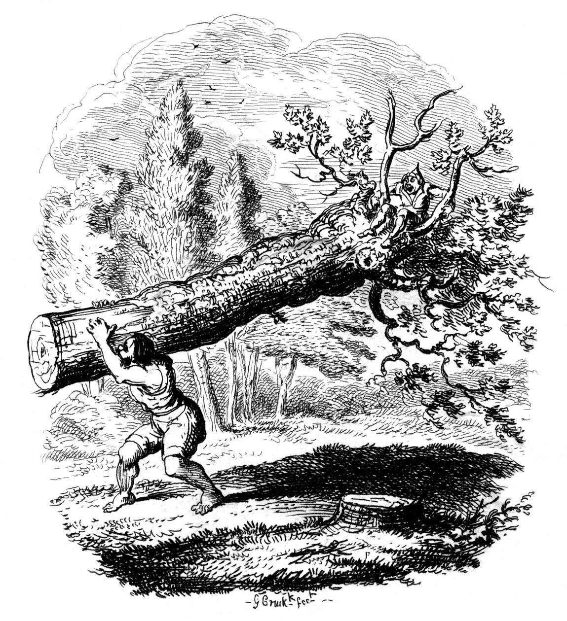 Hombre cargando un gran tronco de árbol en su hombro de George Cruikshank