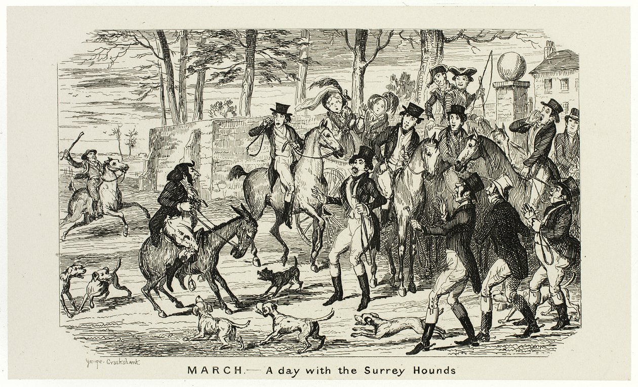 Marzo - Un día con los sabuesos de Surrey en los grabados en acero de George Cruikshank para The Comic Almanacks: 1835-1853 de George Cruikshank