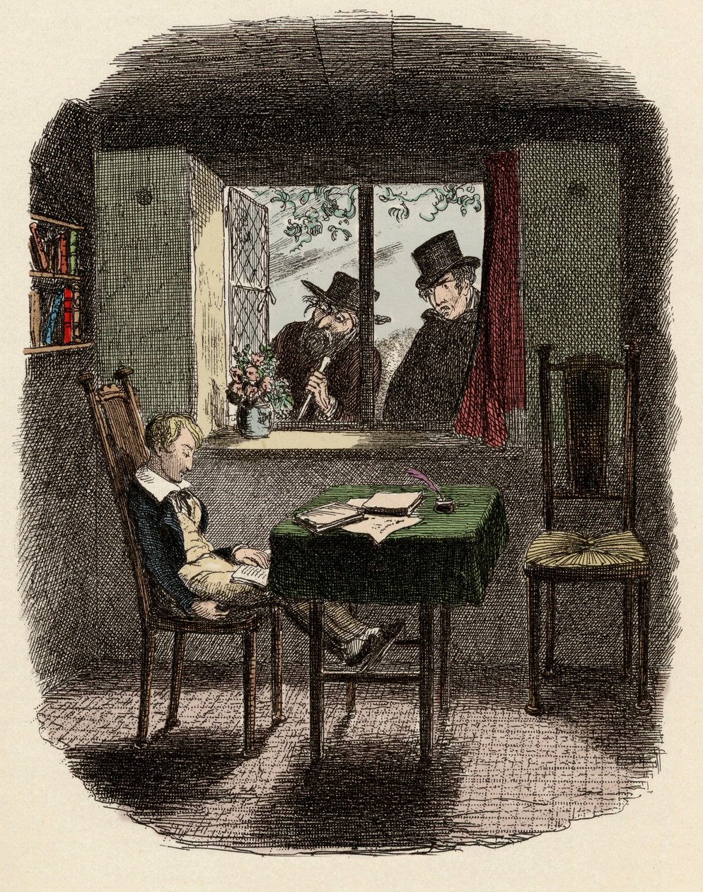 Monks y Fagin observando a Oliver durmiendo en la biblioteca Maylie - Monks y el judío - Ilustración para “Oliver Twist” (Las aventuras de Oliver Twist) de Charles Dickens, por George Cruikshank. de George Cruikshank