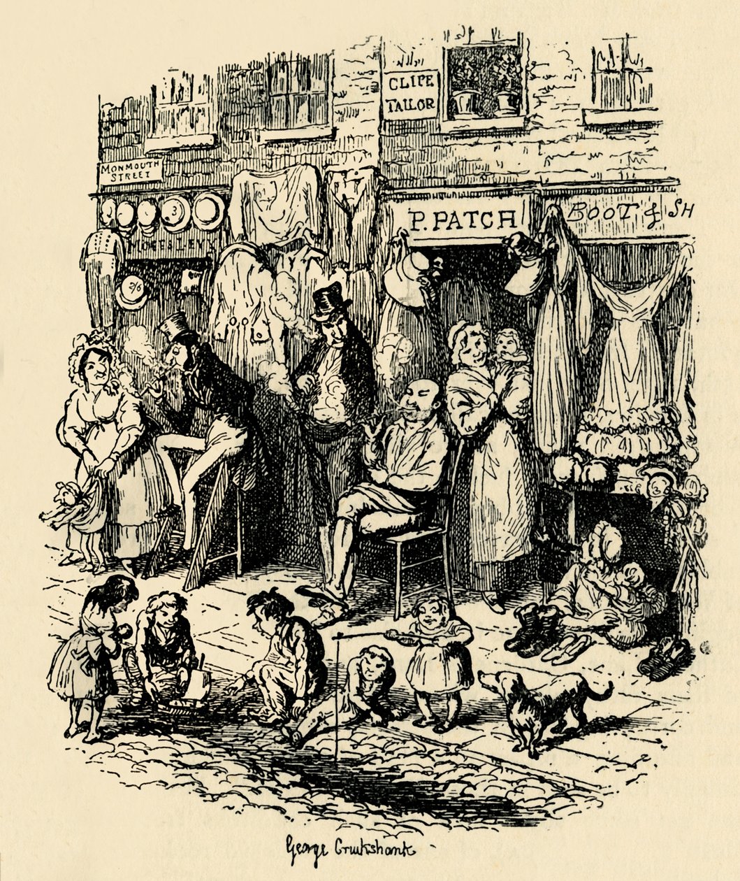 Calle Monmouth, Soho, una ilustración de G. Cruikshank para Sketches by Boz de Dickens de George Cruikshank