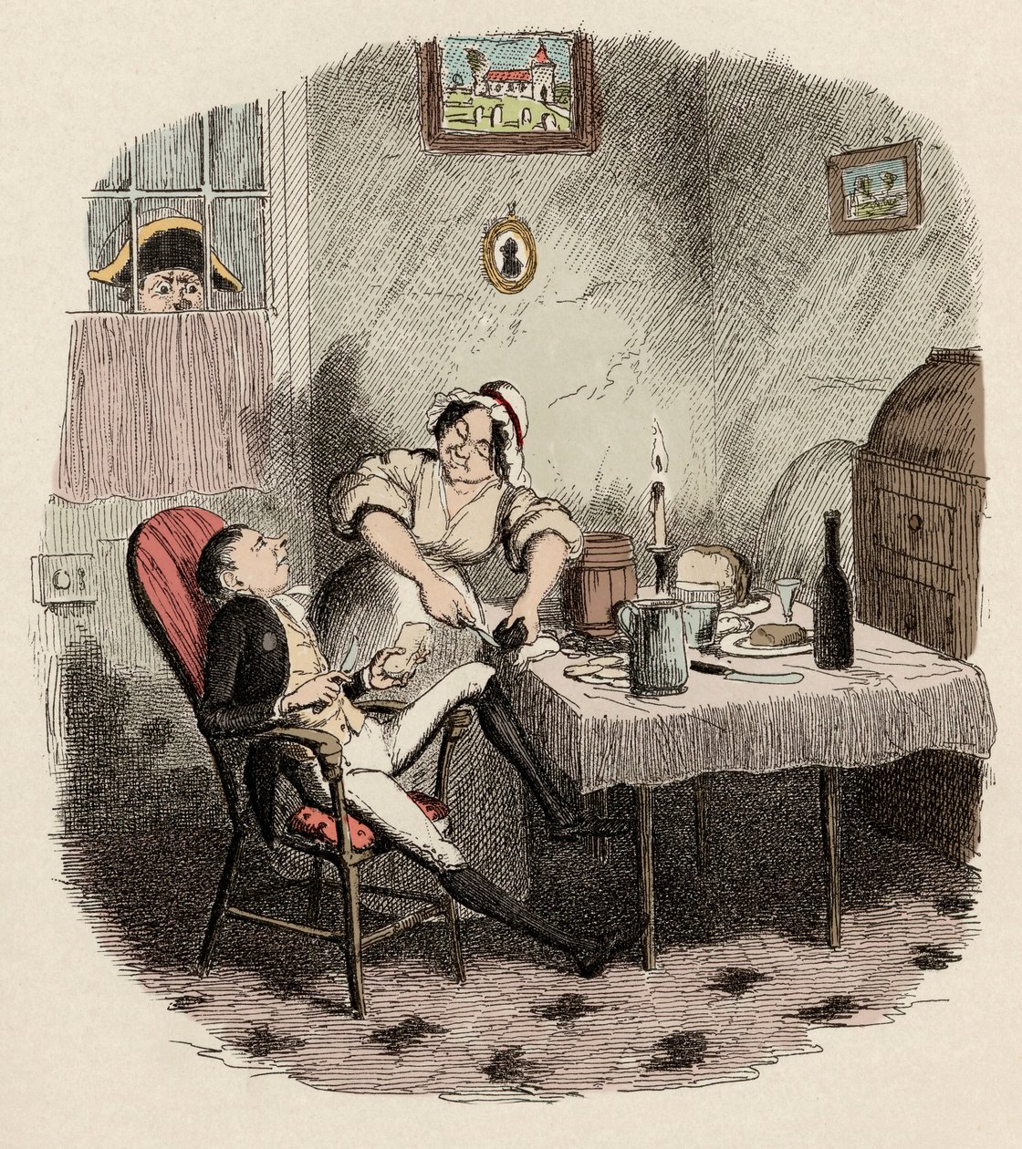 Monsieur Bumble observa a Noe Claypole y Charlotte - Mr Claypole como aparecía cuando su maestro estaba fuera - Ilustración para 