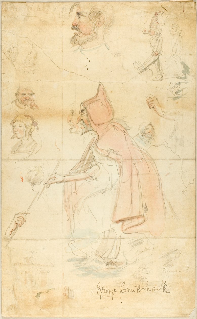 Madre Shipton (recto); Hoja de bocetos: Flor de Lis y figuras (verso) de George Cruikshank
