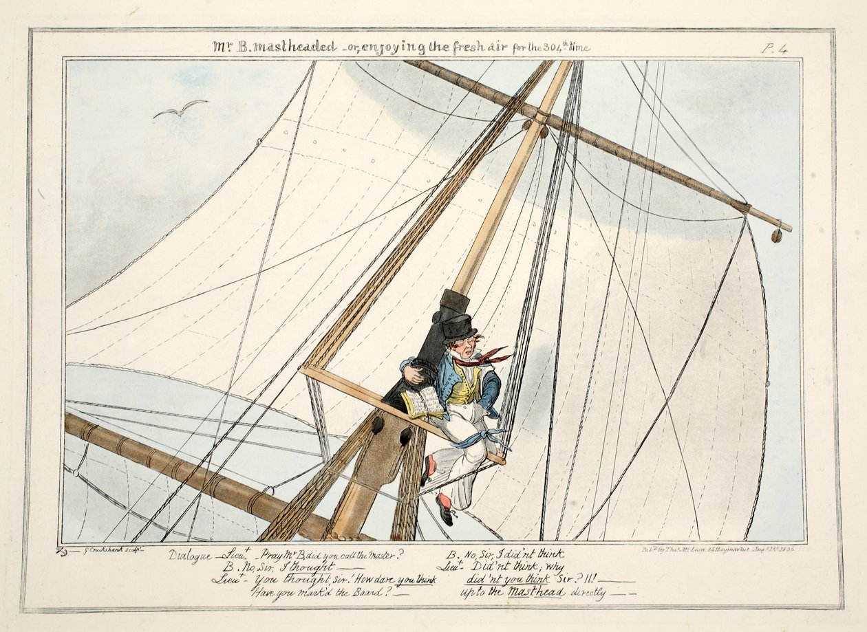 El Sr. B. en el mástil - o disfrutando del aire fresco por 304ª vez, de El progreso de un guardiamarina, 1835 de George Cruikshank