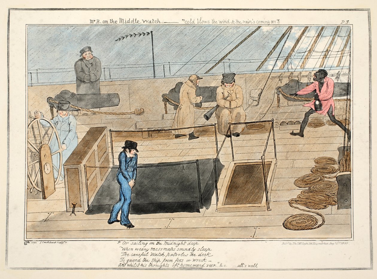 El Sr. B en la guardia media - sopla el viento frío y la lluvia se avecina, de El Progreso de un Guardiamarina, pub.1835 de George Cruikshank