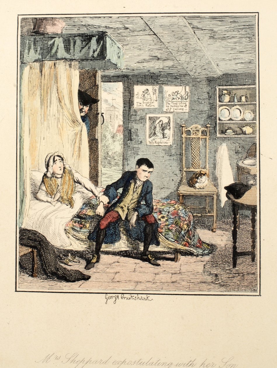La señora Sheppard reprochando a su hijo, ilustración de Jack Sheppard: Una Novela de William Harrison Ainsworth, publicada 1839 de George Cruikshank