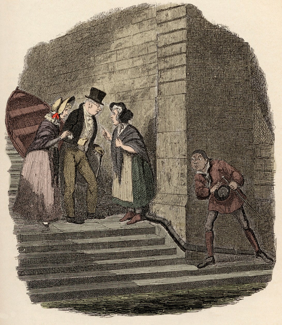 Noe Claypole espiando la cita secreta entre el Sr. Brownlow, Rose Maylie y Nancy - La reunión - Ilustración para “Oliver Twist” (Las aventuras de Oliver Twist) de Charles Dickens, por George Cruikshank. de George Cruikshank