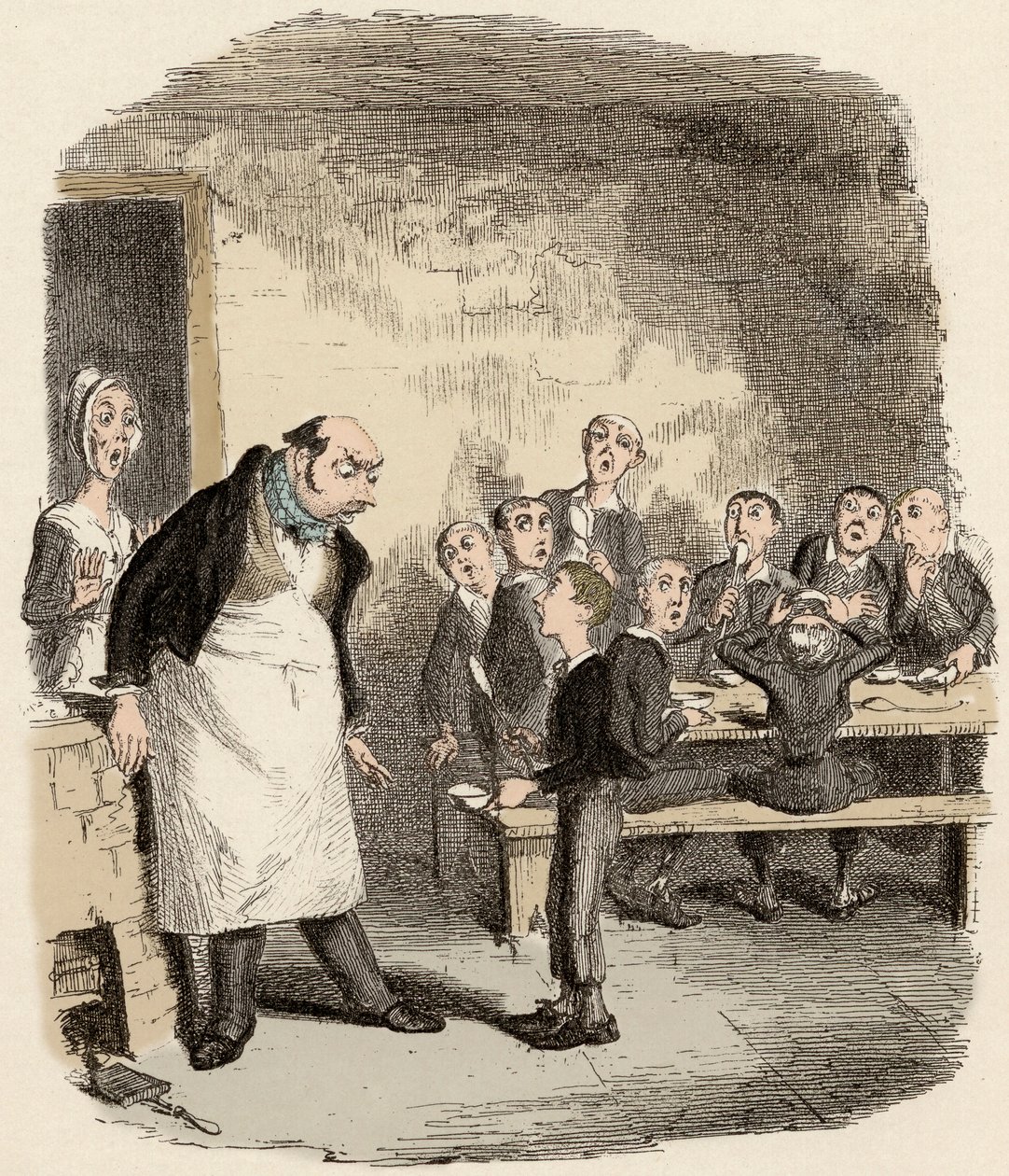Oliver pide comida extra al supervisor del Hospicio de Niños - Ilustración para "Oliver Twist" de Charles Dickens de George Cruikshank