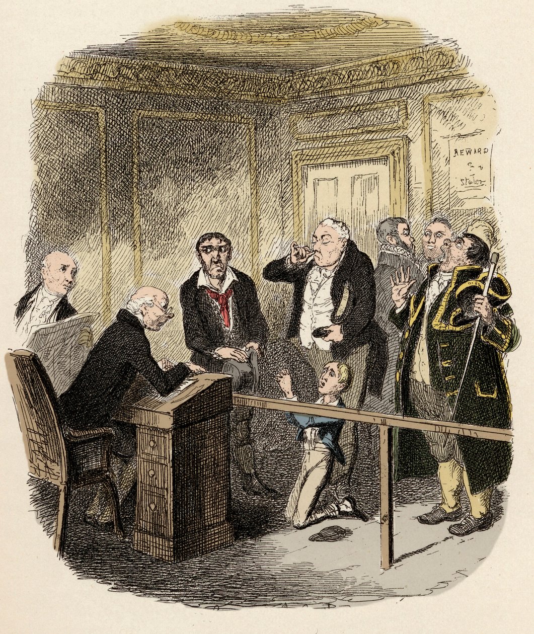 Oliver suplica al juez de menores que no lo deje en el aprendizaje de Gamfield - Ilustración para "Oliver Twist" de Charles Dickens de George Cruikshank