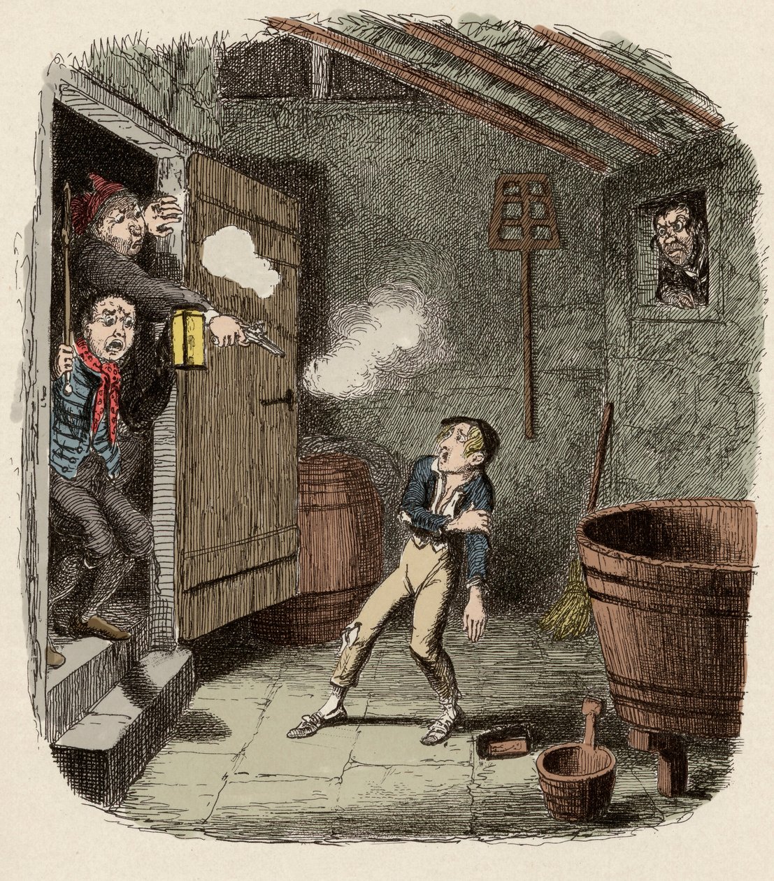 Oliver sorprendido y herido durante el intento de robo - El robo - Ilustración para “Oliver Twist” (Las aventuras de Oliver Twist) de Charles Dickens (1812-1870), por George Cruikshank (1792-1878) de George Cruikshank