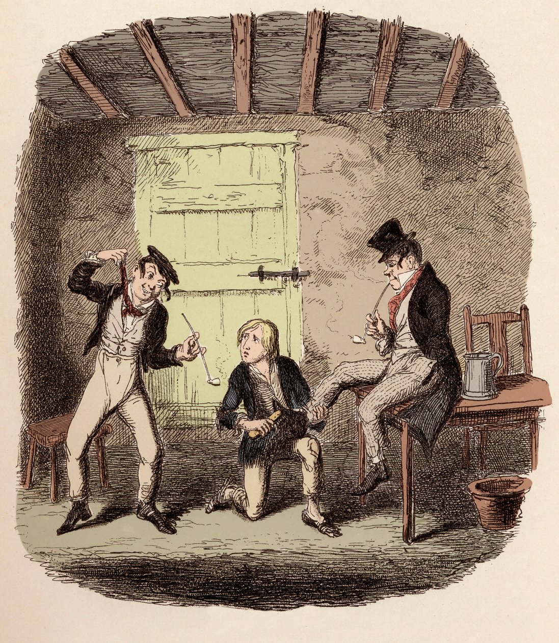 Oliver encera los zapatos del Zorro mientras Charley Bates explica los peligros de la horca - El maestro Bates explica una tecnicidad profesional - Ilustración para “Oliver Twist” (Las aventuras de Oliver Twist) de Charles Dickens, por George Cruikshank. de George Cruikshank
