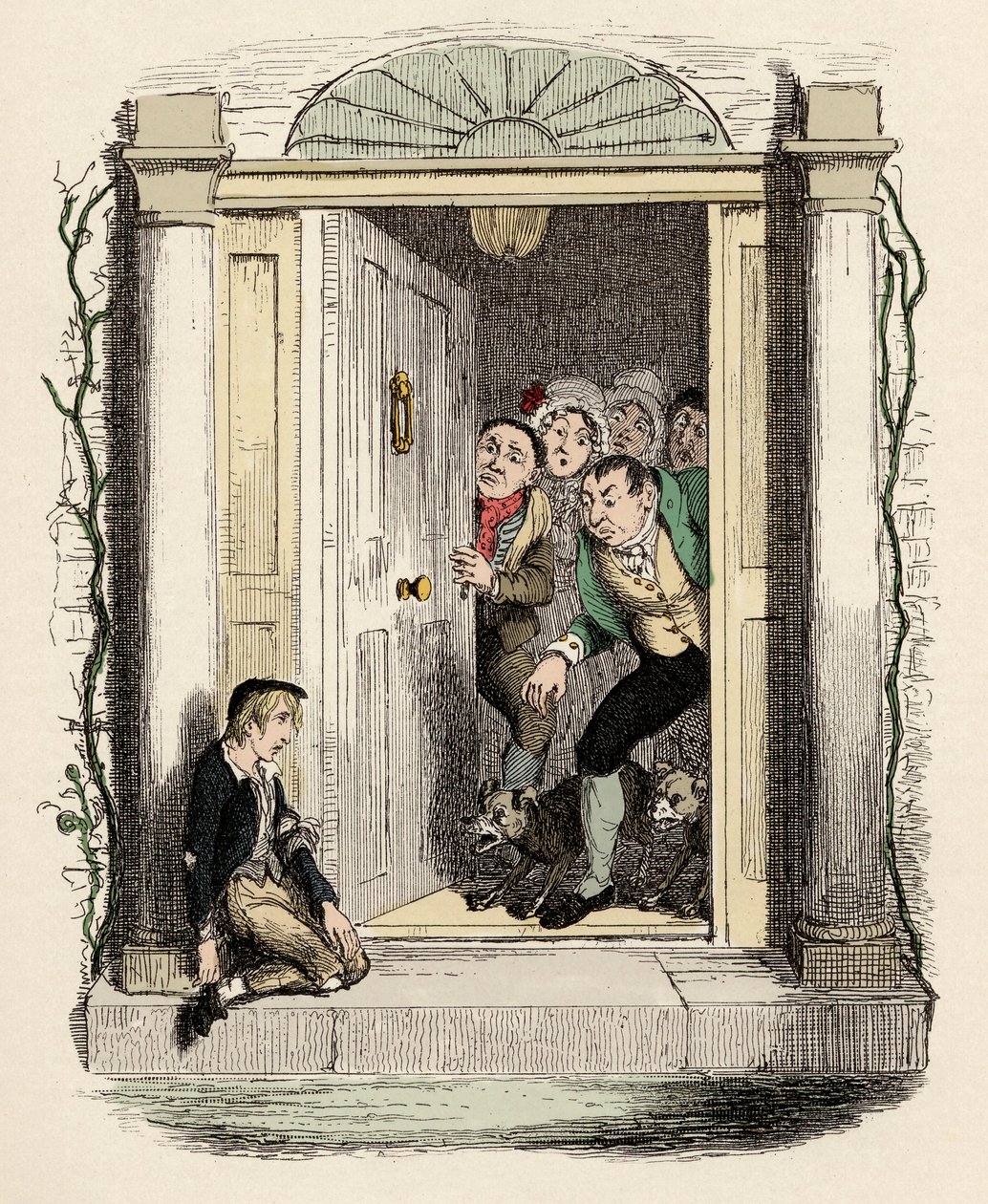 Oliver herido y exhausto pide ayuda - Ilustración para "Oliver Twist" de Charles Dickens de George Cruikshank