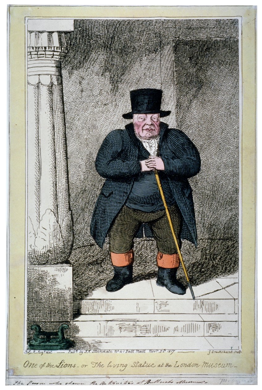 Uno de los leones - o la estatua viviente en el Museo de Londres, 1817 de George Cruikshank