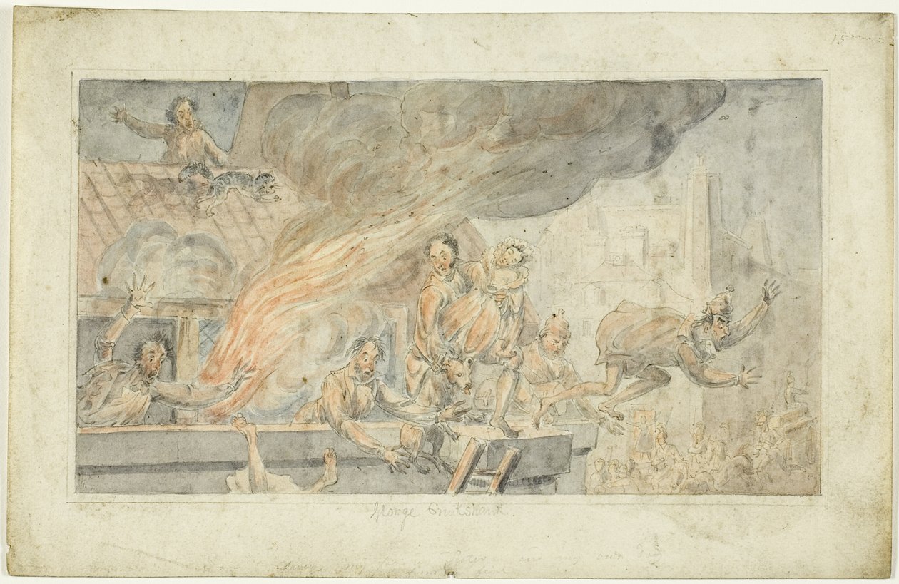 Personas huyendo de un edificio en llamas de George Cruikshank