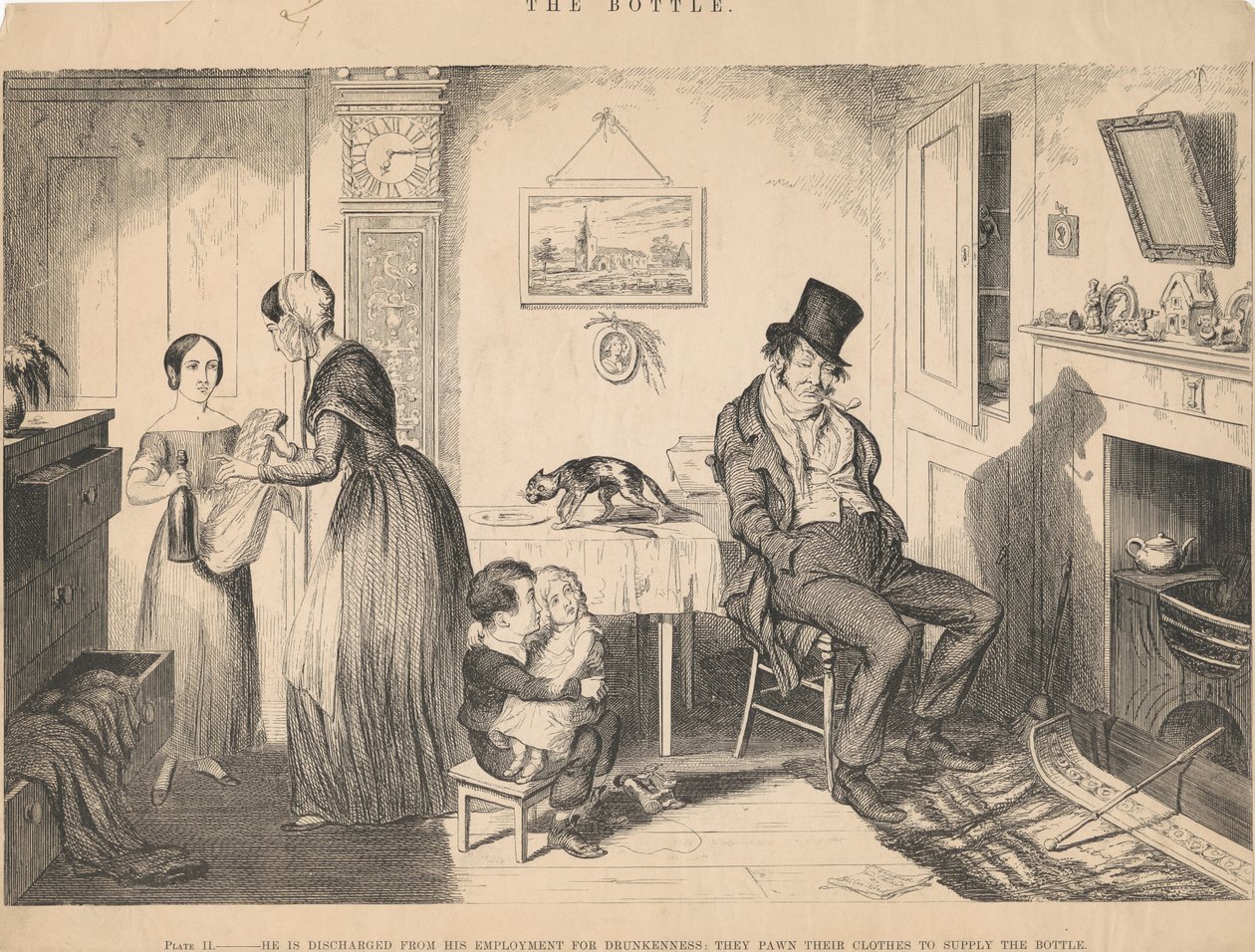Lámina II: Es despedido de su trabajo por embriaguez de George Cruikshank