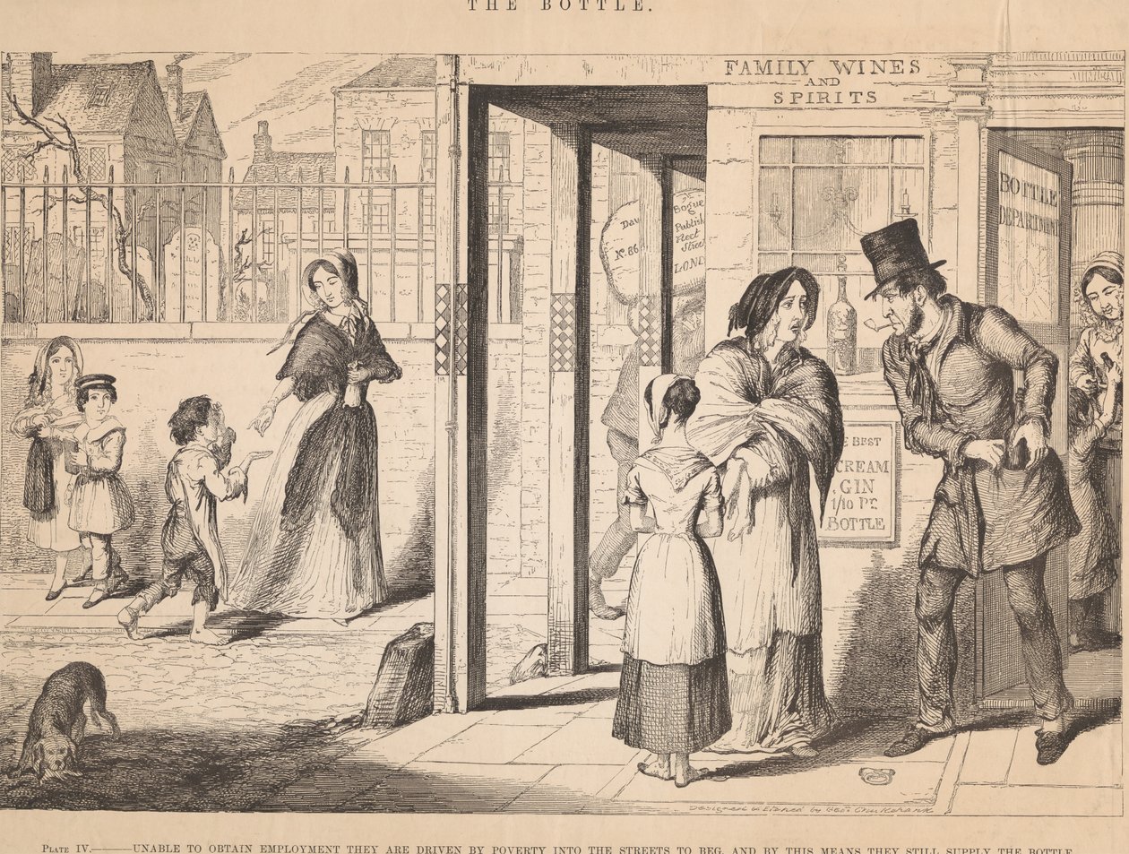 Lámina IV: Al no poder encontrar trabajo, la pobreza los empuja a las calles a mendigar de George Cruikshank