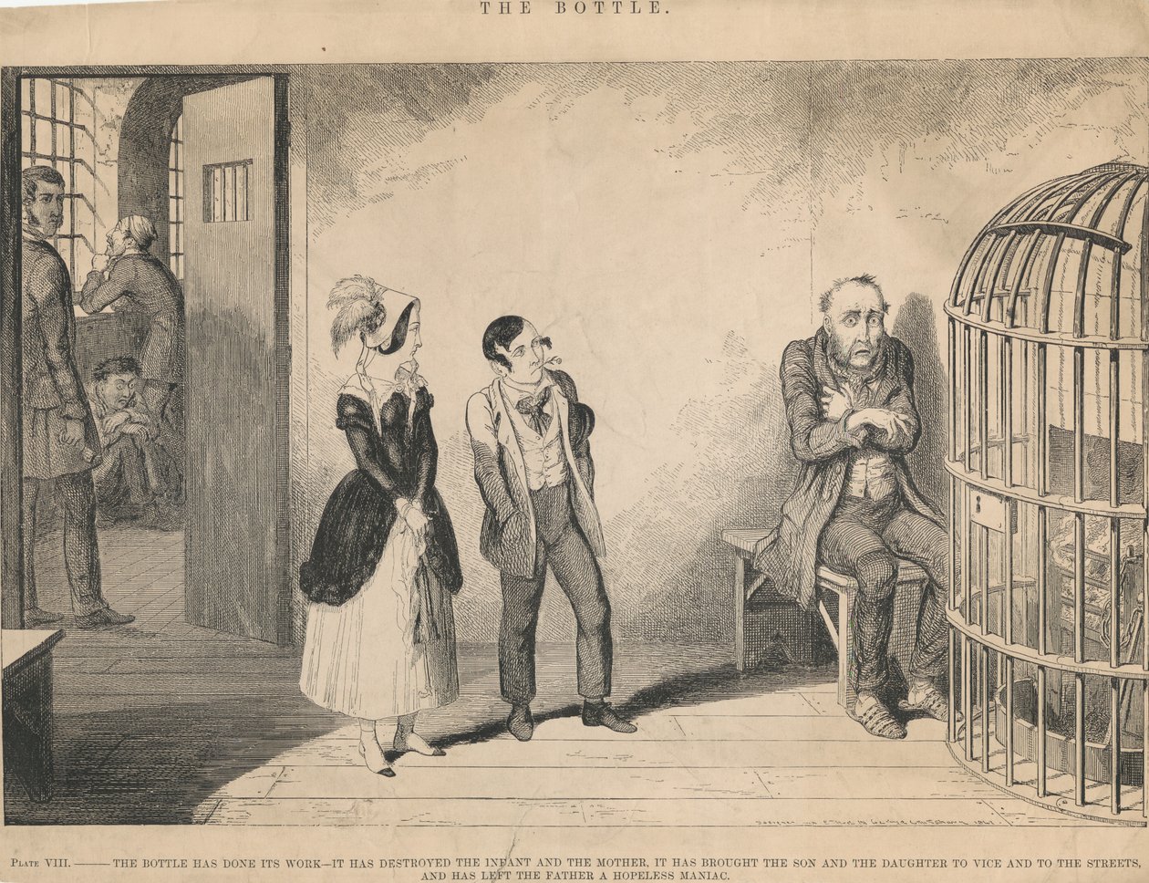 Lámina VIII, «La botella ha cumplido su función» de George Cruikshank