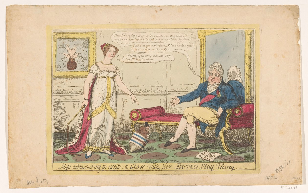 La princesa Charlotte jugó con su peonza holandesa, 1814 Señorita esforzándose por excitar un Resplandor con su Play Thing holandés (título en el objeto) de George Cruikshank
