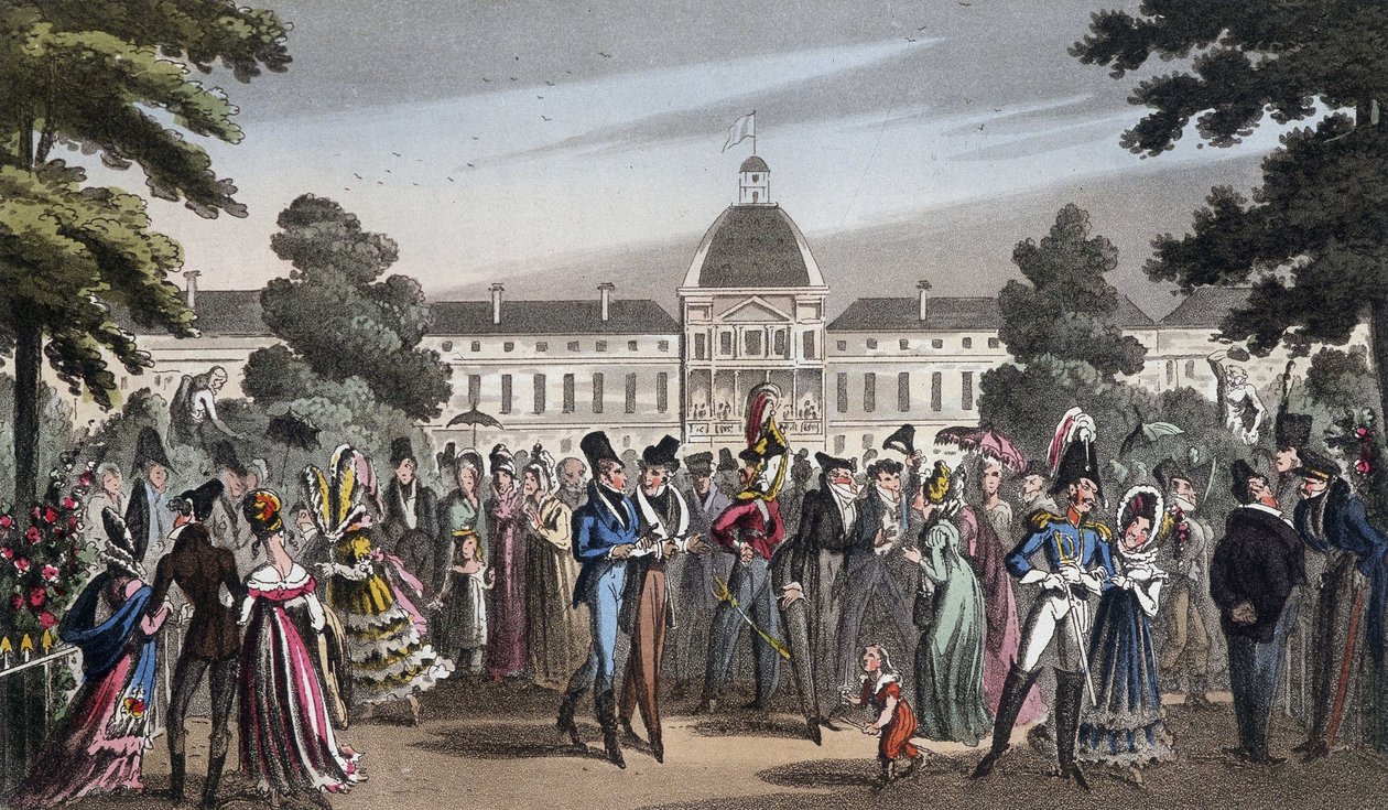 Paseo en el Jardín de las Tullerías - en "Life in Paris" por David Carey, Londres de George Cruikshank
