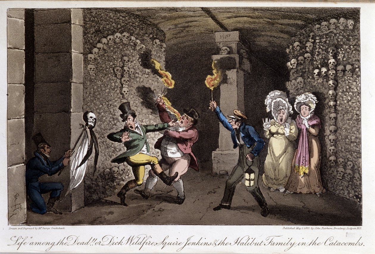 Paseo por las catacumbas - en “Life in Paris” por David Carey, ilustrado por Georges Cruikshank, ed. Faiburn, Londres de George Cruikshank