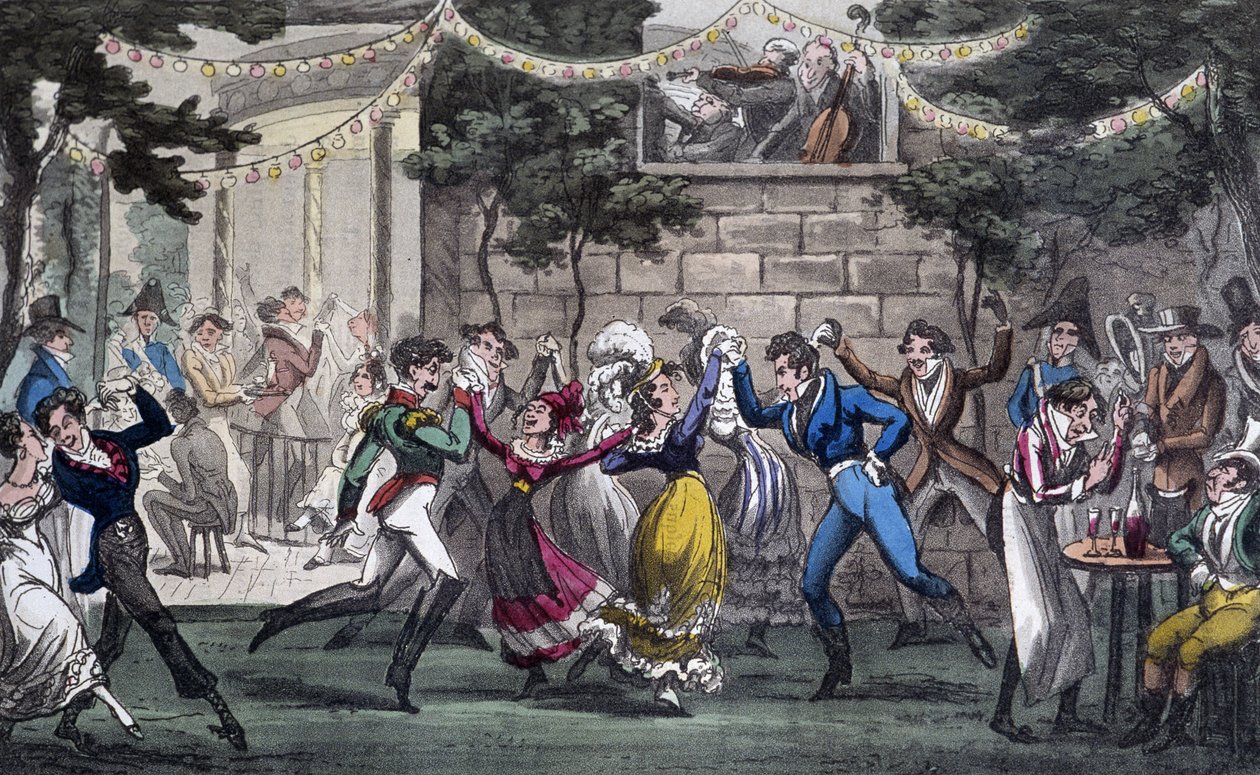 Cuadrilla en el salón de Marte, en los Campos Elíseos - en “Life in Paris” por David Carey, Londres de George Cruikshank