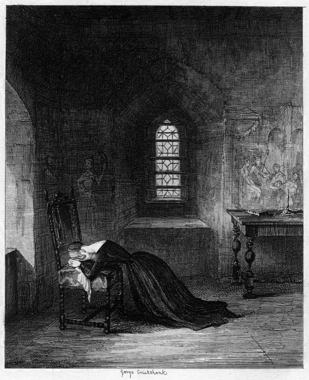 Reina Juana encarcelada en la Torre de Ladrillo, Torre de Londres, 1553-1554 de George Cruikshank